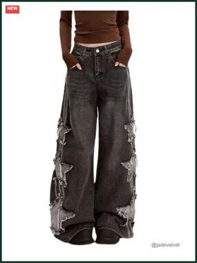 High Waisted Baggy Wide Leg Patchwork Star Jeans Denim Pants Y2K